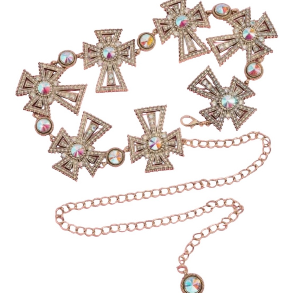 Pave Waist Chain Belt Irridescent Rhinestone Cross in Gol OR Silver - Picture 2 of 5